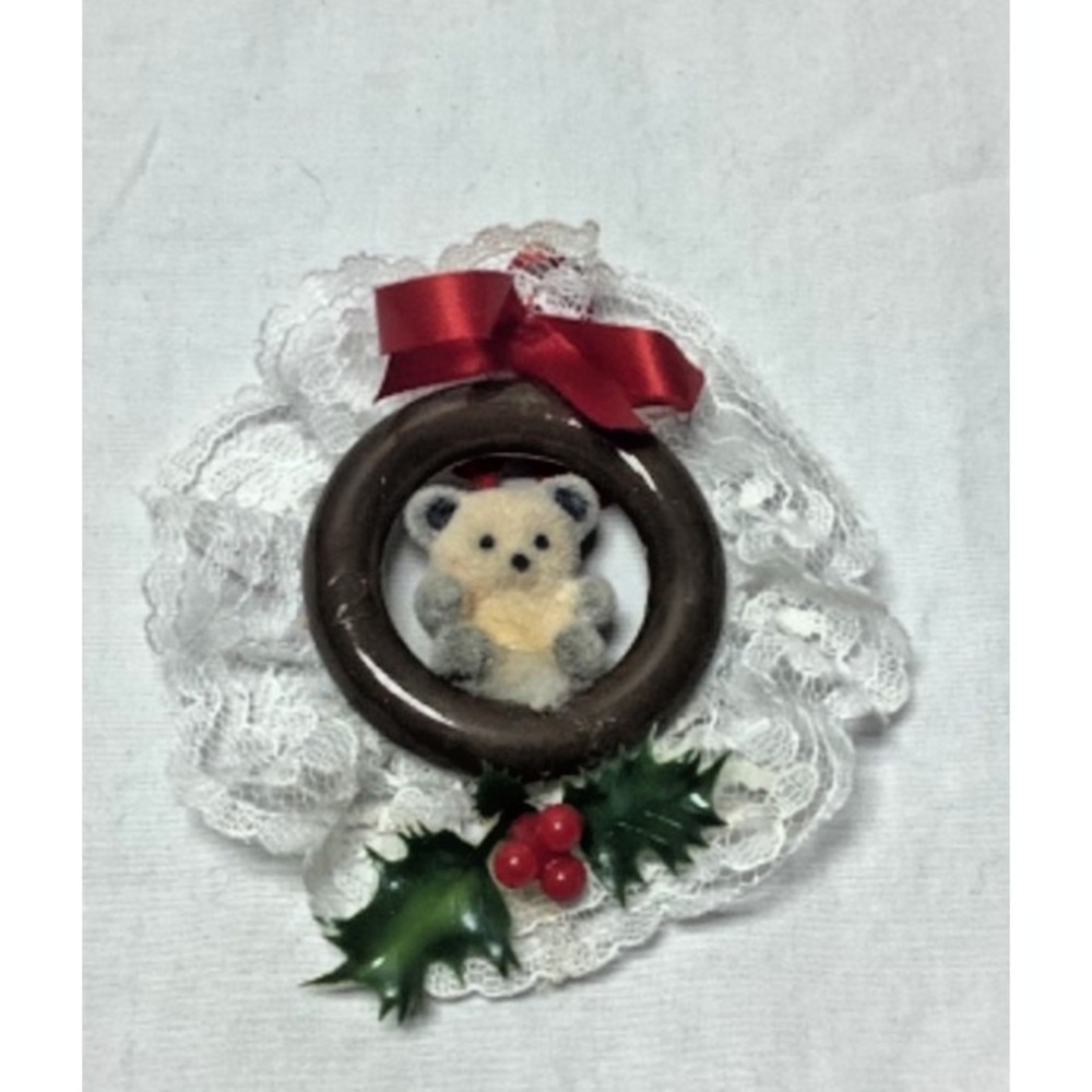 Handmade Christmas Teddy Bear in Lace Wreath Ornament